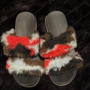 Fashion Nova Fuzzy Red Black White Slippers